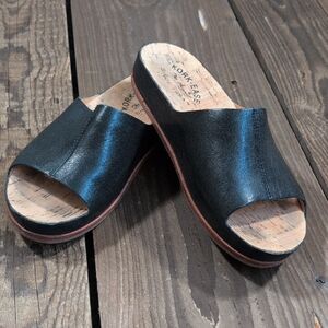 Kork-Ease Black Leather Open-Toe Mules